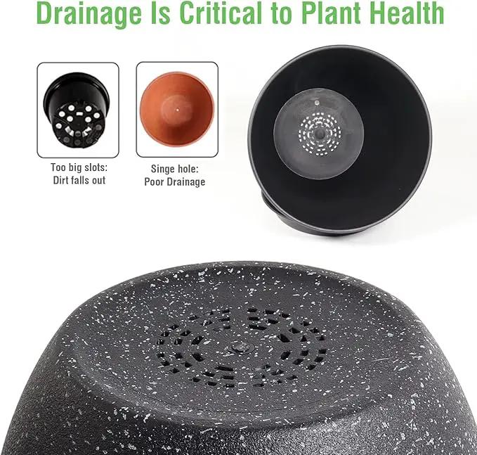 12/10/9 Large Modern Plant Pots, Plastic Planters with Drainage Holes and Saucers for Indoor Outdoor Plants Flowers, Black Speckles by GreenHaven Gardens