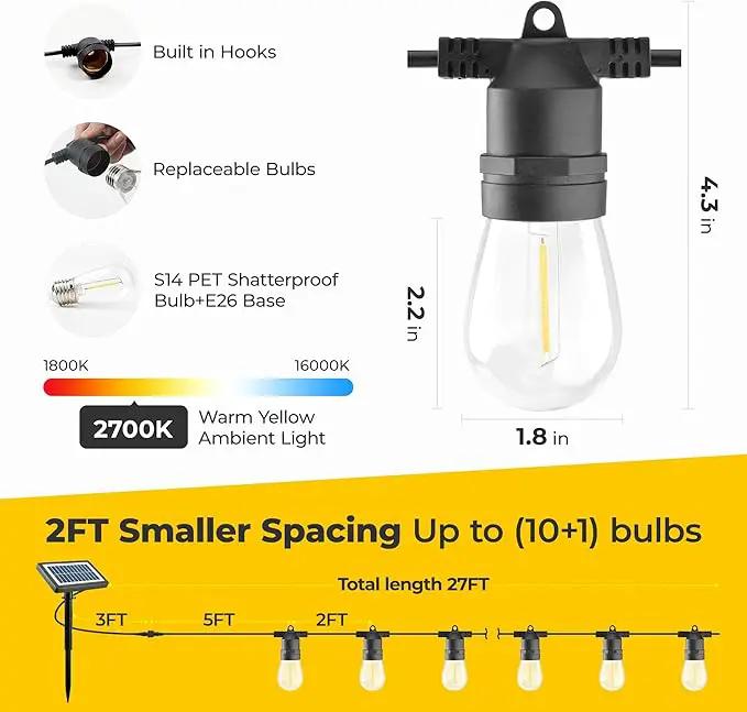 Solar String Lights Outdoor: 29FT 10*S14 Solar Powered Qutside IP65 Waterproof Hanging Warm White Led Edison Bulbs for Patio Garden Yard Porch Gazebo Decorations by GreenHaven Gardens