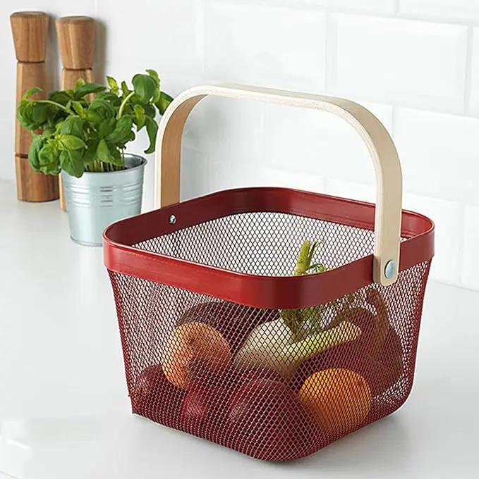 Metal Mesh Steel Basket, Storage Organizer Basket Multi-functional Hanging Kitchen Baskets Fruit Basket Bin with Bamboo Handle for Kitchen Bathroom Picnic Shopping Decor Cabinet Home, Red by GreenHaven Gardens