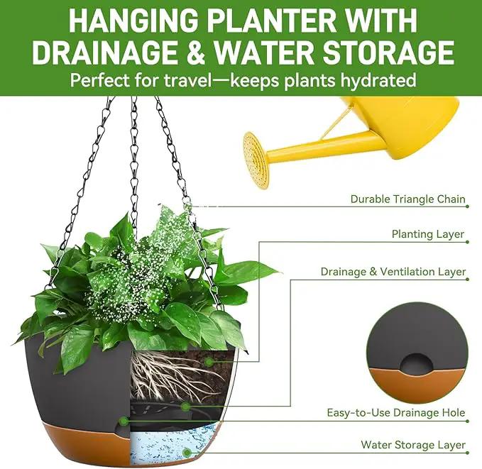 10 Inch Hanging Planters for Indoor & Outdoor Plants (2 Pack) - Self-Watering & Drainage Flower Pots with 2 Kinds of Plant Hangers for Home Decor & Garden (Deep Gray, 10 in) by GreenHaven Gardens