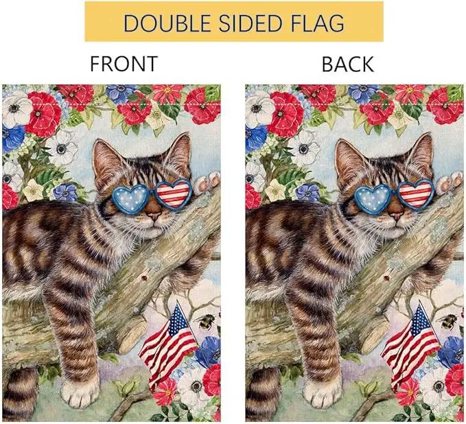 BLKWHT 4th of July Cat Garden Flag 12x18 Vertical Double Sided Red Blue Floral Memorial Day Independence Day Holiday Outside Decorations Burlap Yard Flag BW823 by GreenHaven Gardens