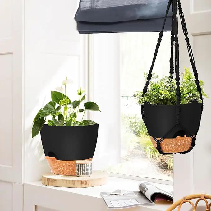 GARDIFE 10 Inch Hanging Planters with Macrame Plant Hanger for Indoor and Outdoor Plants, 2 Pack Large Self Watering Hanging Plant Pot with Basket Flower Pot with Drainage Hole, Black by GreenHaven Gardens