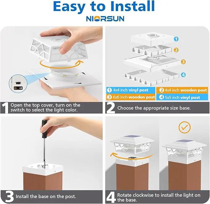 NIORSUN Solar Post Lights Outdoor 4 Pack, 2 Modes LED, Deck Fence Post Solar Lights for 3.5x3.5 4x4 5x5 5.5x5.5 Caps Patio Garden Decoration, White by GreenHaven Gardens