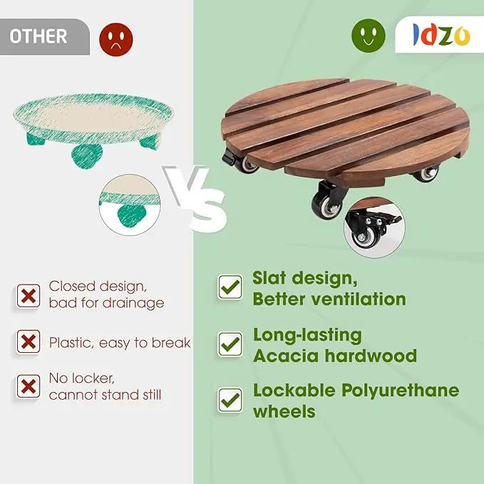 Idzo 2-Pack 14 Inch Acacia Wood Plant Caddy with Wheels – Heavy-Duty Plant Dolly with 264 Lbs Capacity, 360° Lockable Wheels for Large Plant Pots, Heavy Objects, Ideal for Indoor and Outdoor Use by GreenHaven Gardens