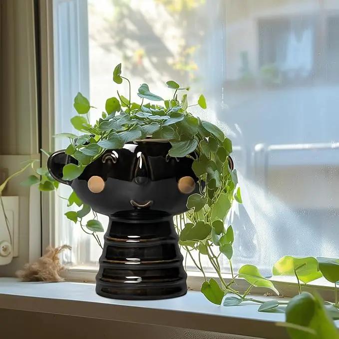 Face Planter - 7 Inch Ceramic Head Planters for Indoor Plants Outdoor, Cute Succulent Pots with Drainage Hole, Decorative Plant Pot, Home Office Room Decor, Black by GreenHaven Gardens
