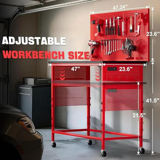 47" Heavy Duty Adjustable Workbench with Power Outlets, Pegboard & Locking Wheels - 2100LB Capacity Garage Work Table, Compatible with Milwaukee Battery, Reinforced Steel Frame for Workshop & Home Use by GreenHaven Gardens