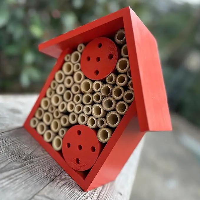 Mason Bee Houses Outdoor Wooden Bee Hotel for Garden and Yard Hand-Made Bamboo Bee Hive for Bees Butterflies and Ladybugs, Medium Size 8"x7.5"x5", Red by GreenHaven Gardens