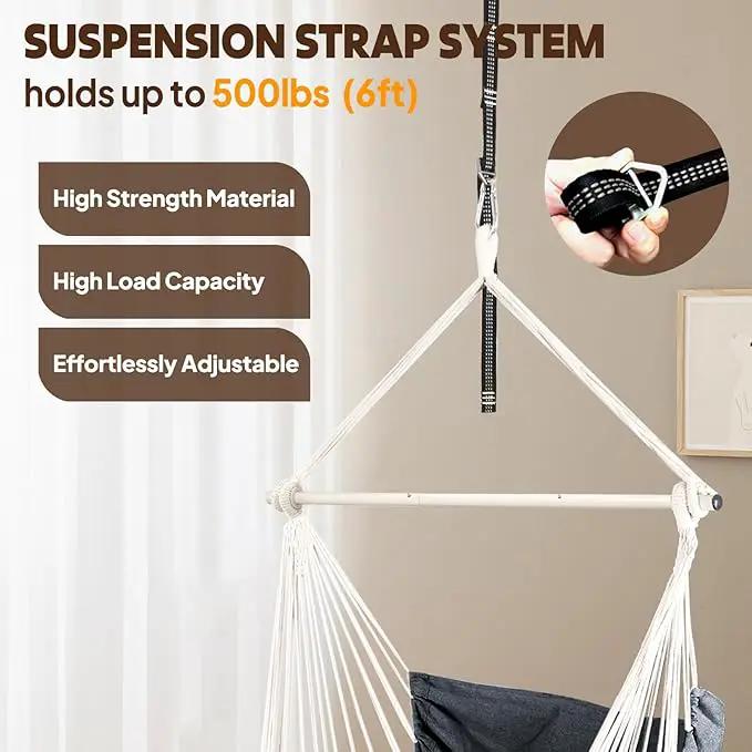 Chihee Hammock Chair Hanging Chair with Foot Rest 2 Cushions Max 500lbs Robust Metal Spreader Bar Collapsible Easy Storage Soft Cotton Swing Chair Strong Strap Iron Carabiner Side Pocket Included by GreenHaven Gardens