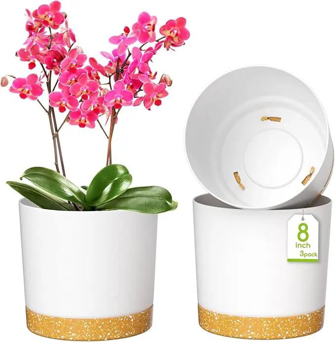 ZMTECH Plant Pots, Set of 3 8'' Self Watering Plastic Planter with Drainage Hole and Saucer, Modern Decorative Flower Pot for Indoor Outdoor House Plants, Succulents, Flowers - White by GreenHaven Gardens