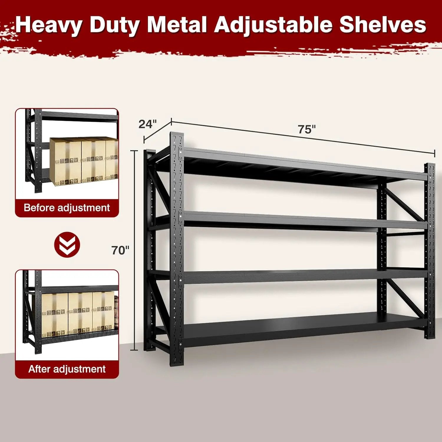 9000LBS Metal Steel Storage Shelves - 75" W Black 4 Tier Heavy Duty Rack Commercial Industrial Shelving with Adjustable Shelf for Basement Garage Warehouse - 75" W x 24" D x 70" H by GreenHaven Gardens