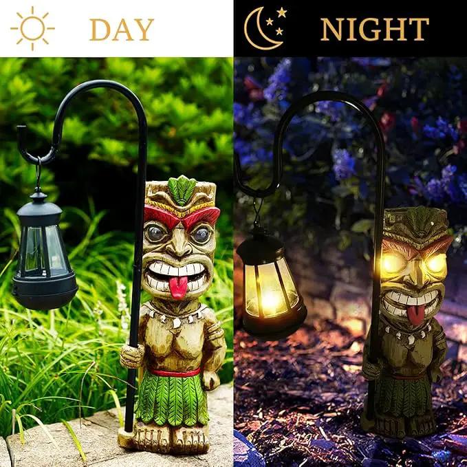 16.7" H Tiki Decor Garden Statue,Large Lantern Tiki Figurine with Solar Lights,Hawaiian Tiki Man Outdoor Patio Yard Lawn Bar Party Beach Pool Pond Halloween Christmas Decoration Ornament Gifts by GreenHaven Gardens