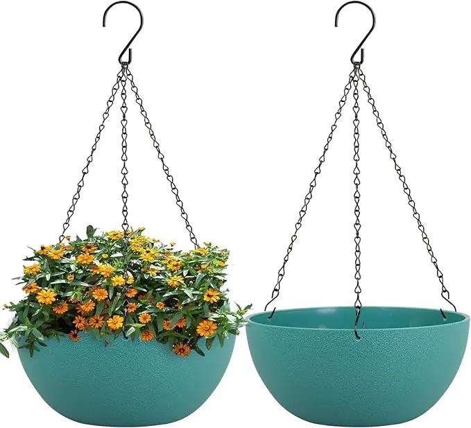 10 inch Hanging Planters for Outdoor Indoor Plants with Drainage Holes and Chain, 2 Pack Round Hanging Flower Pots for Garden Home Porch Decor, Blue Green by GreenHaven Gardens