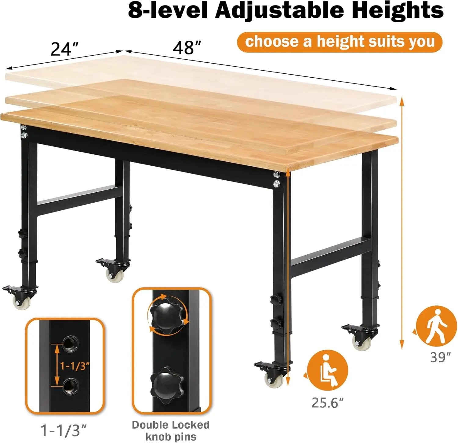 48" Heavy-Duty Adjustable Workbench for Garage, Rubber Wood Shop Table W/Metal Wheels, Hardwood Workstation Weight Capacity Over 2000 Lbs with Wheels by GreenHaven Gardens