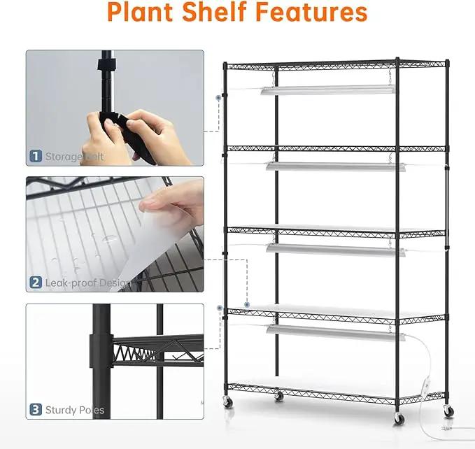 Plant Shelf with Grow Lights, 5 Tier Large Tall Plant Stand with 3FT T5 144w Grow Light for Indoor Plants, 3 Mode Full Spectrum LED Plant Light with wheel and Timer for Seedling, 47.2x17.8x71IN by GreenHaven Gardens