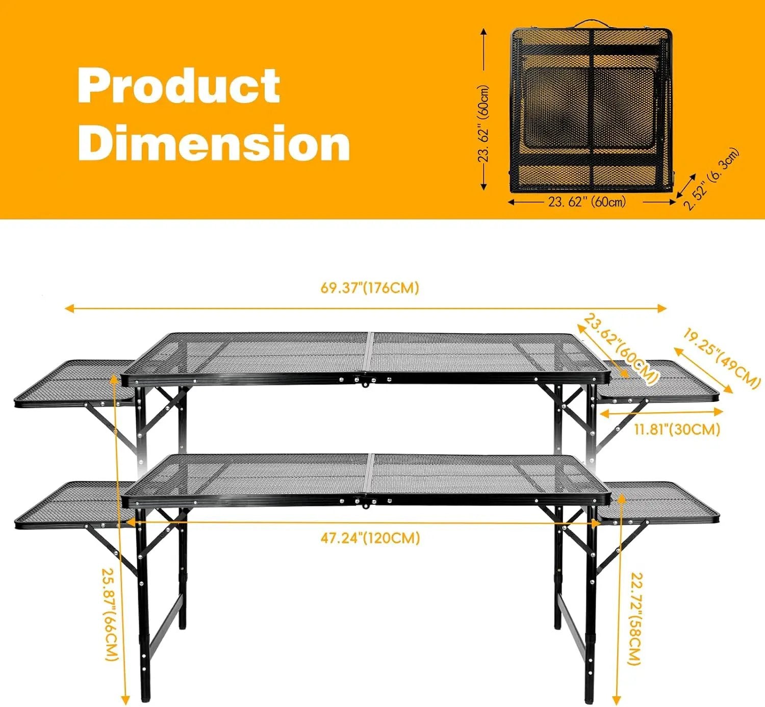 Grill Table Folding Table with 2 Wing Panels 4FT+1.77 FT with Mesh Desktop 3 Height Adjustable Portable Grill for Outdoor Indoor Beach BBQ Picnic Travel RV Black by GreenHaven Gardens