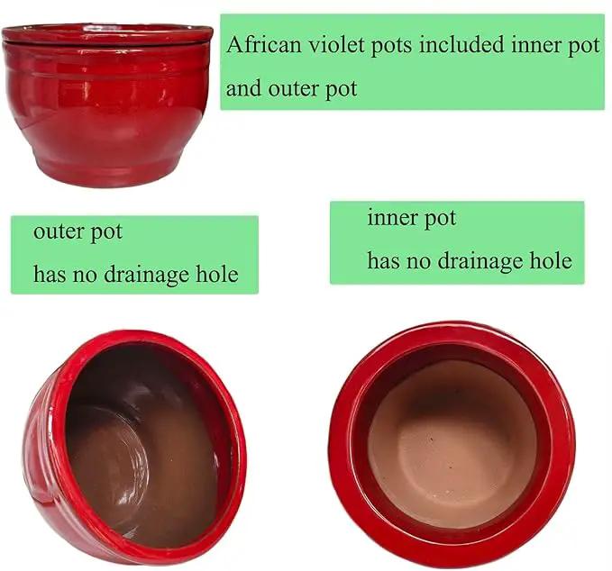 African Violet Pots Self Watering Round Ceramic Violet Pot (red, 6 inch) by GreenHaven Gardens