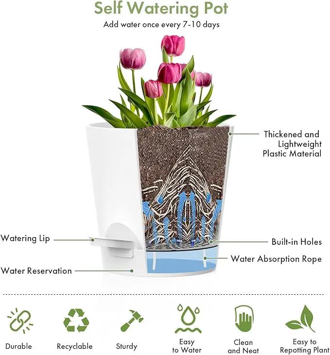 7/6.5/6/5.5/5/4 inch Self Watering Pots for Indoor Outdoor Plants, 6 Pack Plastic Flower Planters with Drainage Holes and Removable Saucers, Plant Pots with Wicking Rope, Modern Decor, White by GreenHaven Gardens
