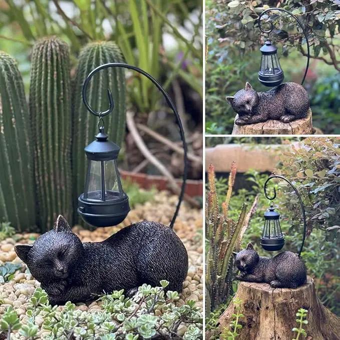 Solar Garden Statue Cat Figurine with Solar Light- Cat Statues Garden Art with Solar Lantern, Loving Cat for Patio,Balcony,Yard, Lawn, Porch-Unique Housewarming Gift for Garden Mom Grandma by GreenHaven Gardens