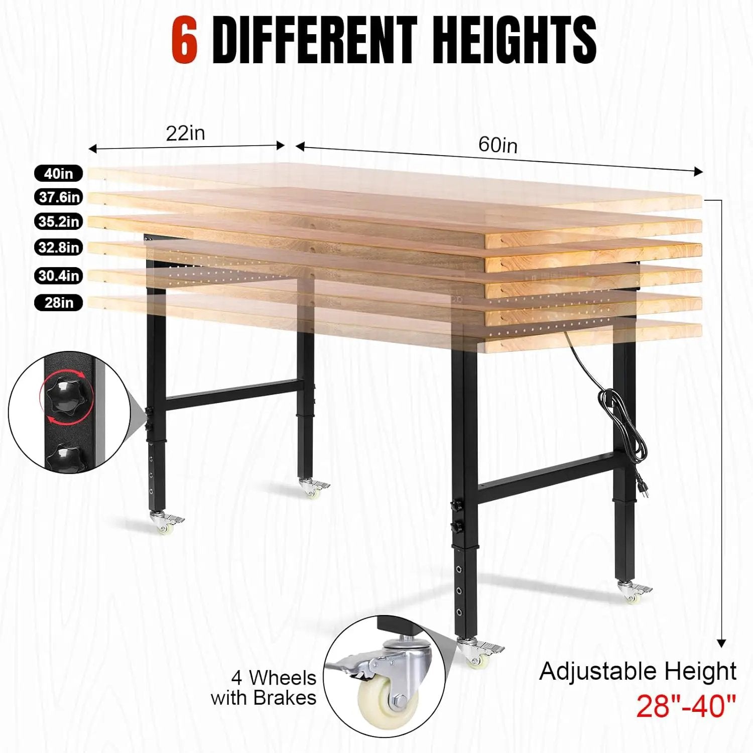 Height Adjustable Workbench with Wheels 60”×22” Heavy Duty Work Table 2000 LBS Capacity Rolling Work Table Rubber Wood Work Station with Power Outlet & Pegboard for Garage, Office, Workshop, Home by GreenHaven Gardens