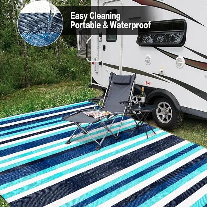 Outdoor Waterproof Rug 8'x10' Plastic Straw Rugs Washable Reversible Floor Mat Blue Stripe Carpet for Camping RV Deck Entryance Porch Picnic Balcony Beach Backyard by GreenHaven Gardens