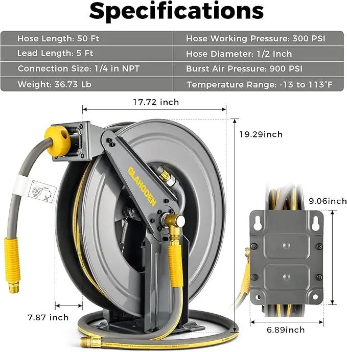 Double Arm Air Hose Reel 50 ft Retractable, 1/2 in Hybrid Hose Heavy Duty Steel Professional Air Compressor Hose Reel with 5 ft Lead in Max 300PSI Auto Rewind Quick Coupler Swivel Fitting by GreenHaven Gardens
