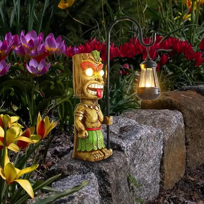 16.7" H Tiki Decor Garden Statue,Large Lantern Tiki Figurine with Solar Lights,Hawaiian Tiki Man Outdoor Patio Yard Lawn Bar Party Beach Pool Pond Halloween Christmas Decoration Ornament Gifts by GreenHaven Gardens