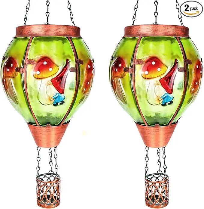 2 Pack Solar Hot Air Balloon Lantern with Flame，Mushroom Gnome Glass Solar Hanging Lanterns Outdoor for Outside Garden Patio Tree Porch Yard, Mushroom Gifts for Women Grandma Mom - Mushroom by GreenHaven Gardens