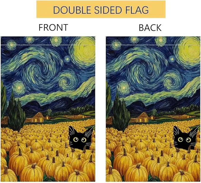 BLKWHT Fall Pumpkin Cat Garden Flag 12x18 Vertical Double Sided Blue Sky Autumn Thanksgiving Holiday Outside Decorations Burlap Yard Flag BW825 by GreenHaven Gardens