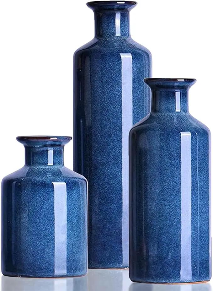 Blue Ceramic Vase Set of 3,Home Decorative Flower Vase,Small vase Set for Farmhouse Living Room Bedroom Tabletop Decor,Office Bookshelf Centerpiece Entrance Decoration by GreenHaven Gardens