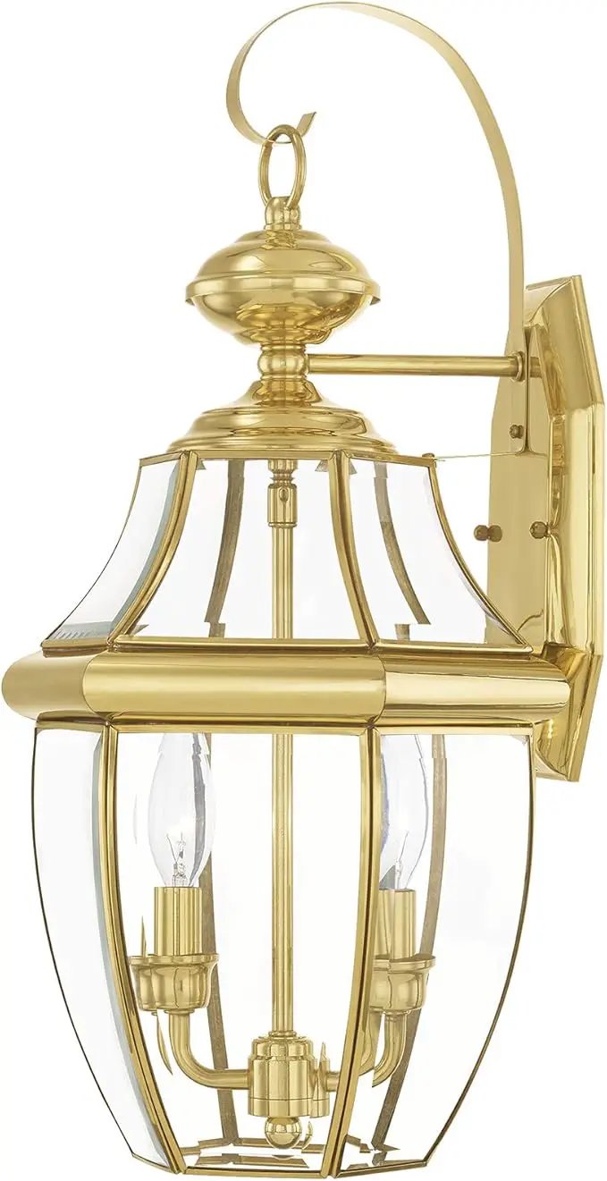 Livex Lighting 2251-02 Monterey 2 Light Outdoor Polished Brass Finish Solid Brass Wall Lantern with Clear Beveled Glass, 20.25" x 10.5" x 10" by GreenHaven Gardens