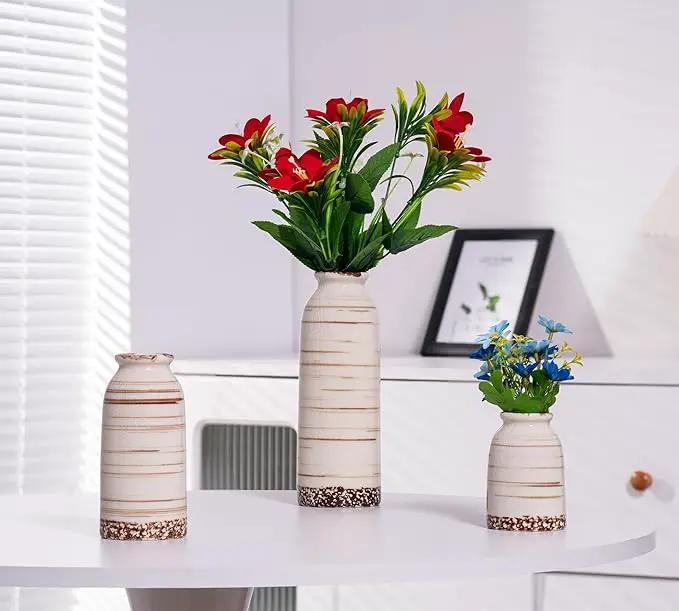 Beige Ceramic Vase Set of 3, Farmhouse Decorative Vase for Pampas Grass, Living Room, Bathroom, Bookshelf, Centerpieces Beige by GreenHaven Gardens