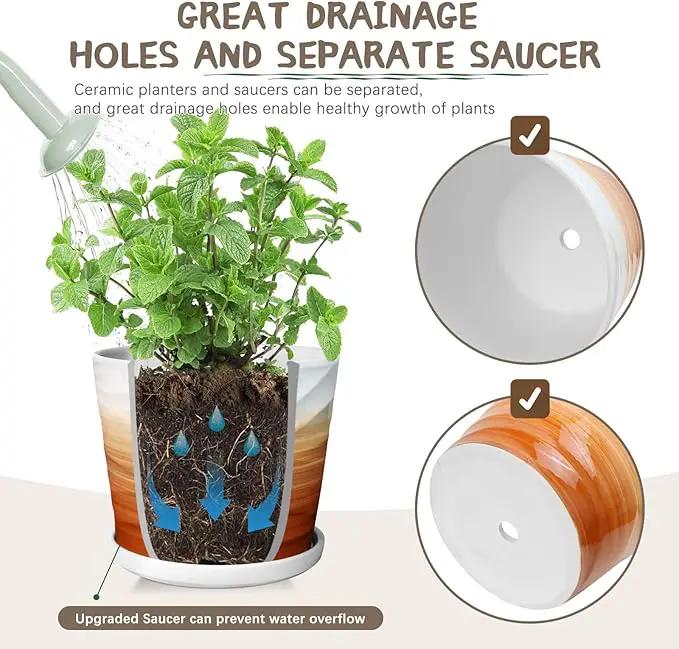 8 Inch Plant Pot, Ceramic Planter with Drainage and Saucer, Ceramic Pots for Plants, Indoor Plant pots, Flower pots，Modern Planter(Khaki + White) by GreenHaven Gardens