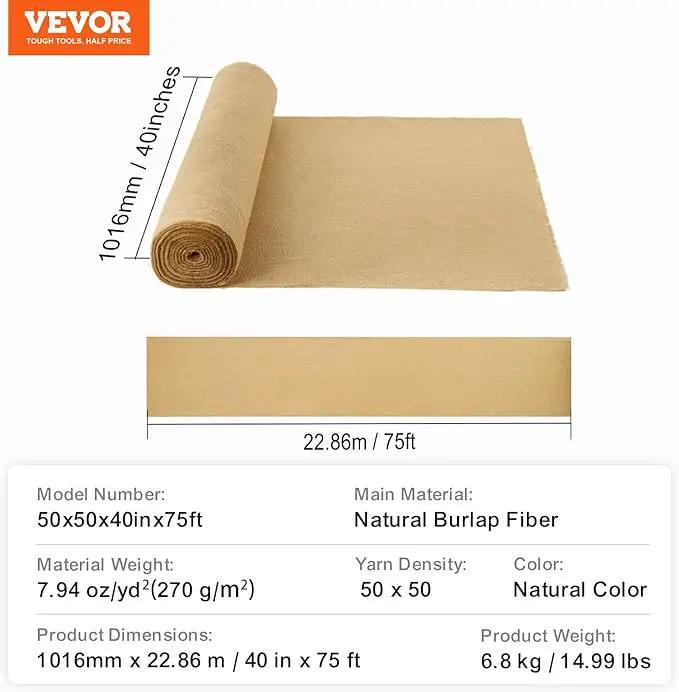VEVOR Burlap Fabric Roll, 40” x 75 ft High Density Natural Jute Fiber Material for Outdoor Plant Care, Tree Wrap Roll, Decor, DIY Crafts, Wedding, Garden Weed Barrier, Plants & Trees Winter Covering by GreenHaven Gardens