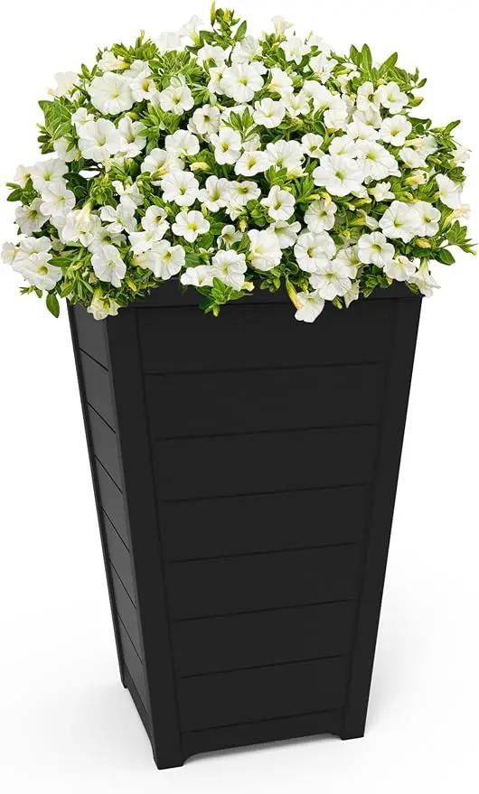 Keter Set of 2 Resin Modern Outdoor 22 Inch Tall Large Flower Pots, Tapered Wood Look Planters for Outdoor Plants and Front Porch Decor, Graphite by GreenHaven Gardens