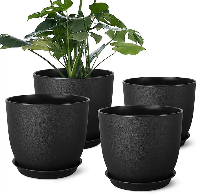 Plant Pots 8 Inch Set of 4, Flower Pots with Multi Mesh Drainage Holes, Planters for Indoor Outdoor Garden Plants and Flowers (Black) by GreenHaven Gardens