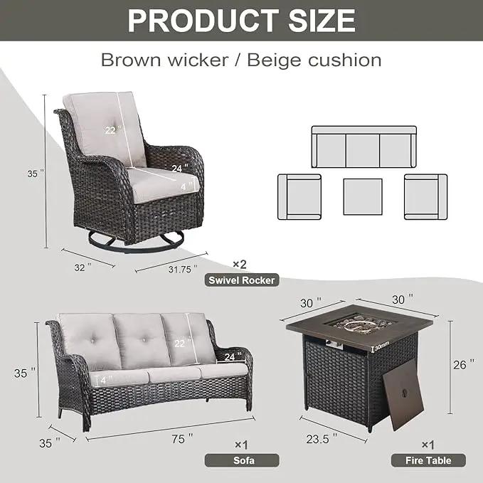 Outdoor Patio Furniture Set with 50000BTU Propane Fire Pit Table, 4 Pieces Wicker Patio Conversation Set with 2 Swivel Rocker Glider Chairs Rattan Sofa Beige Cushion Perfect for Gathering by GreenHaven Gardens