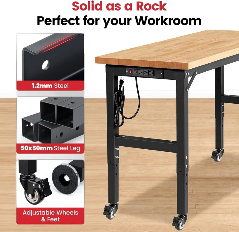 Workbench for Garage Adjustable Height 60 x 22 Inch Work Table with Wheels Heavy Duty Rubberwood Tabletop Workbench with Pegboard, Power Outlets for Woodworking Shop, Home, Office by GreenHaven Gardens