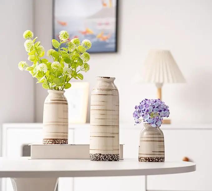 Beige Ceramic Vase Set of 3, Farmhouse Decorative Vase for Pampas Grass, Living Room, Bathroom, Bookshelf, Centerpieces Beige by GreenHaven Gardens