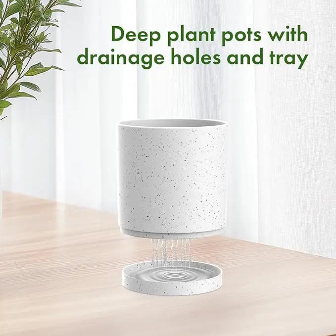 12/10/8 inch Large Plant Pots, 3 Pack Cylinder Deep Flower Pots for Outdoor Indoor Plants, Tall Plastic Planters with Drainage Holes and Saucers for Garden House Plants, Speckled White by GreenHaven Gardens