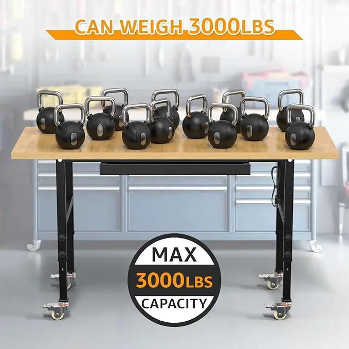 60" Adjustable Workbench,Heavy-Duty Work Table,3000 LBS Load Capacity Particleboard Hardwood Workstation Outlets with Power Strips, Drawers and Wheels,for Workshop, Garage by GreenHaven Gardens