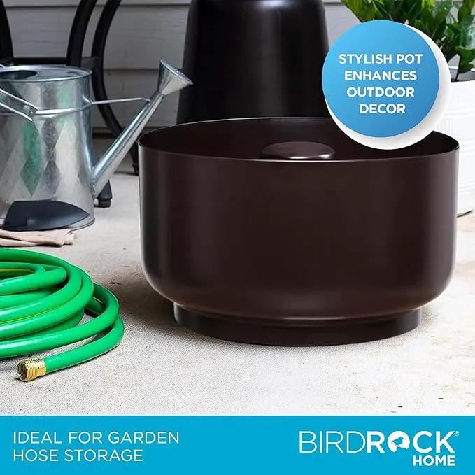 BirdRock Home Decorative Footed Water Hose Holder Pot with Lid | Holds 100ft Hose | Ground Garden Box | Powdered Coated Steel | Metal Hider | Outdoor or Indoor (Oil Rubbed Bronze) by GreenHaven Gardens