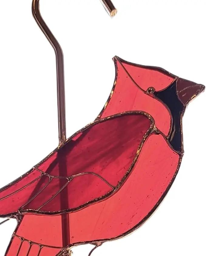 Stained Glass Hanging Plant Hook - Red Cardinal Sun Catcher with Copper S Hooks Top and Bottom for Indoor and Outdoor Use by GreenHaven Gardens