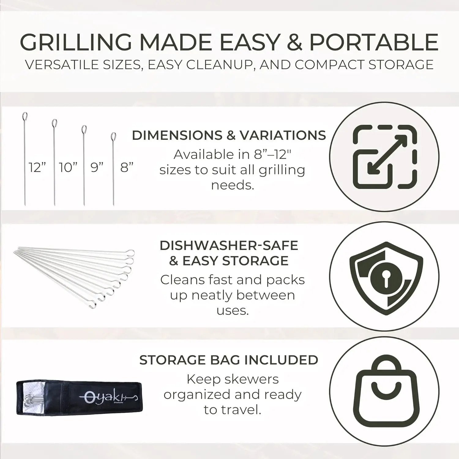 O-Yaki Flat Metal Kabob Skewer for Grilling – Set of 8 BBQ Skewers Stainless Steel with Storage Bag, Dishwasher Safe Skewers with Hook Handle & Sharp Tip for BBQ, Cookouts & Oven Use – 12 Inch by GreenHaven Gardens
