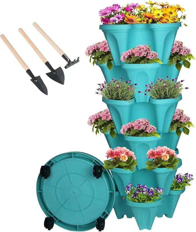 Vertical Planter 6 Tier Stackable Planters Garden Planters Strawberry Herb Flower and Vegetable Planter Indoor Outdoor Gardening Pots with Removable Wheels and Tools by GreenHaven Gardens