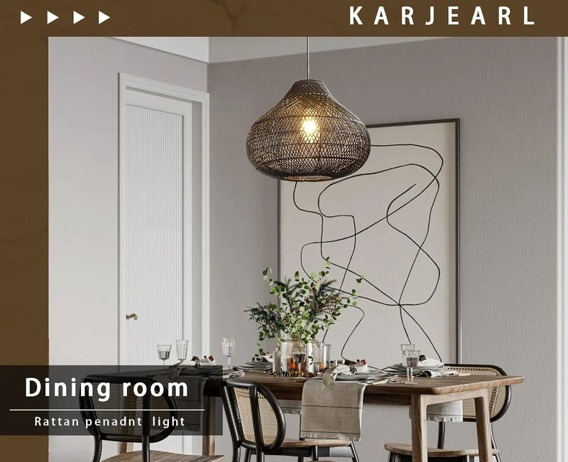 Karjear Black Rattan Chandelier, 16.5 inch Large Wicker Pendant Lights Fixture Hand-Woven Basket Hanging Light for Dining Room Kitchen Island Living Room by GreenHaven Gardens