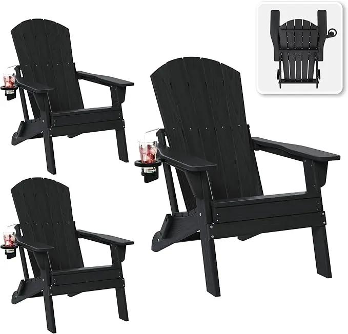 Folding Adirondack Chair Set of 3 with Cup Holder, HDPE All Weather Resistant Plastic Outdoor Patio Chairs, Heavy Duty Fire Pit Seating for Backyard Lawn Garden, Wooden Textured Design(Black) by GreenHaven Gardens