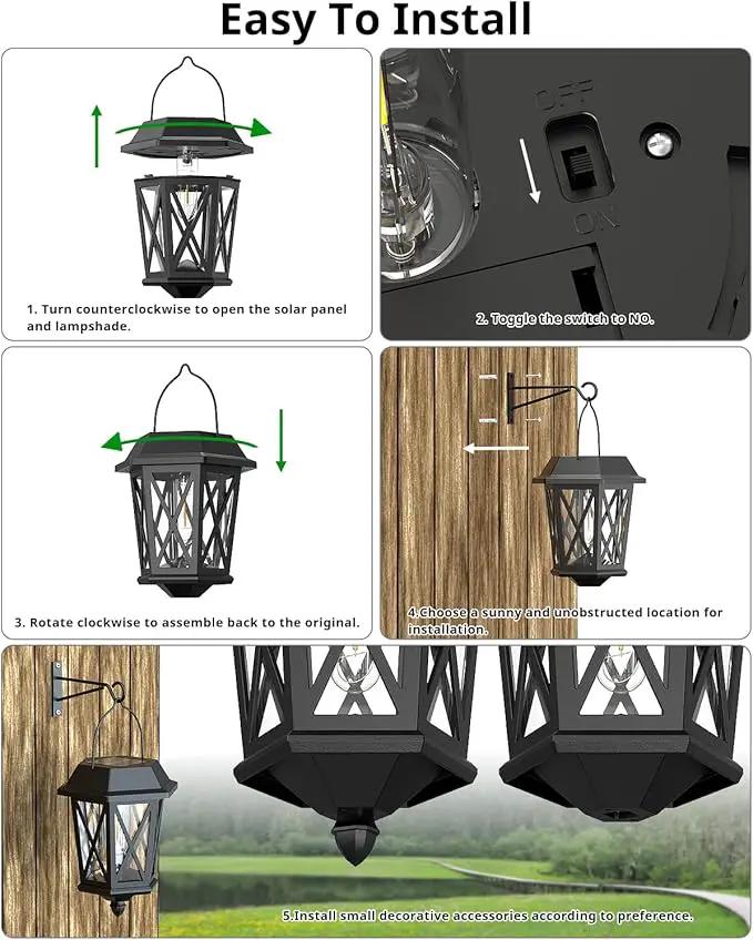 Solar Lanterns Outdoor Waterproof, Hanging Solar Lights with Glass Shade - 2 Pack LED Metal Wall Mount Outdoor Light for Yard/Garden/Patio - Black by GreenHaven Gardens