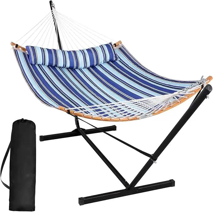 SUNCREAT Double Hammock with Stand Included, Portable Hammock with Stand and Large Pillow, Blue Stripes by GreenHaven Gardens