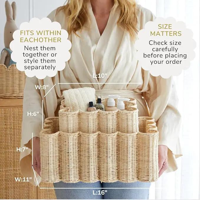 BEBE BASK Unique Wavy Scalloped Basket Set Of 2 - Scallop Basket - 16 x 10 x 7 In - Hand-Woven Elegant Wicker With Scalloped Edge Lid - Nursery Storage - (Earthy) by GreenHaven Gardens