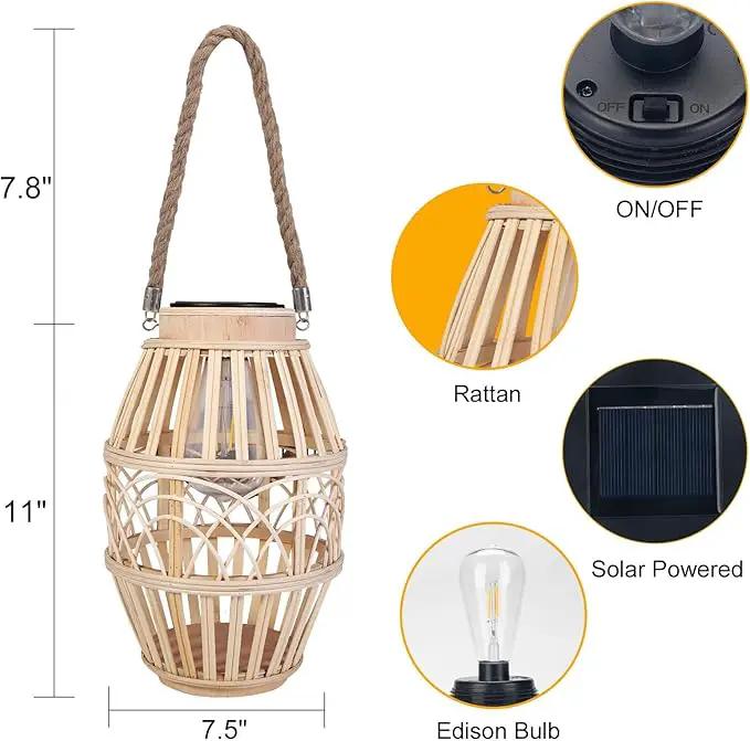 pearlstar Outdoor Solar Lanterns Light Rattan Natural Lantern with Handle for Hanging or Table Lamp for Patio Yard Garden Wedding Home Decoration, Edison Bulb, Auto on/Off (Style3) by GreenHaven Gardens